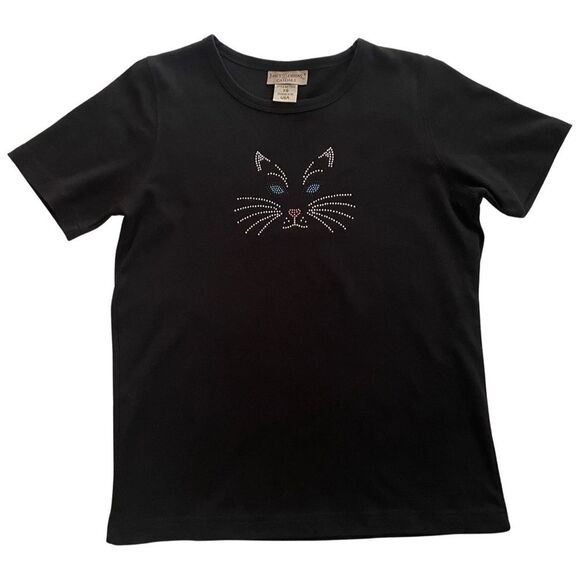 VINTAGE Y2K Isaac’s Designs Rhinestone Studded Kitty Cat Tee Black - Picture 1 of 6
